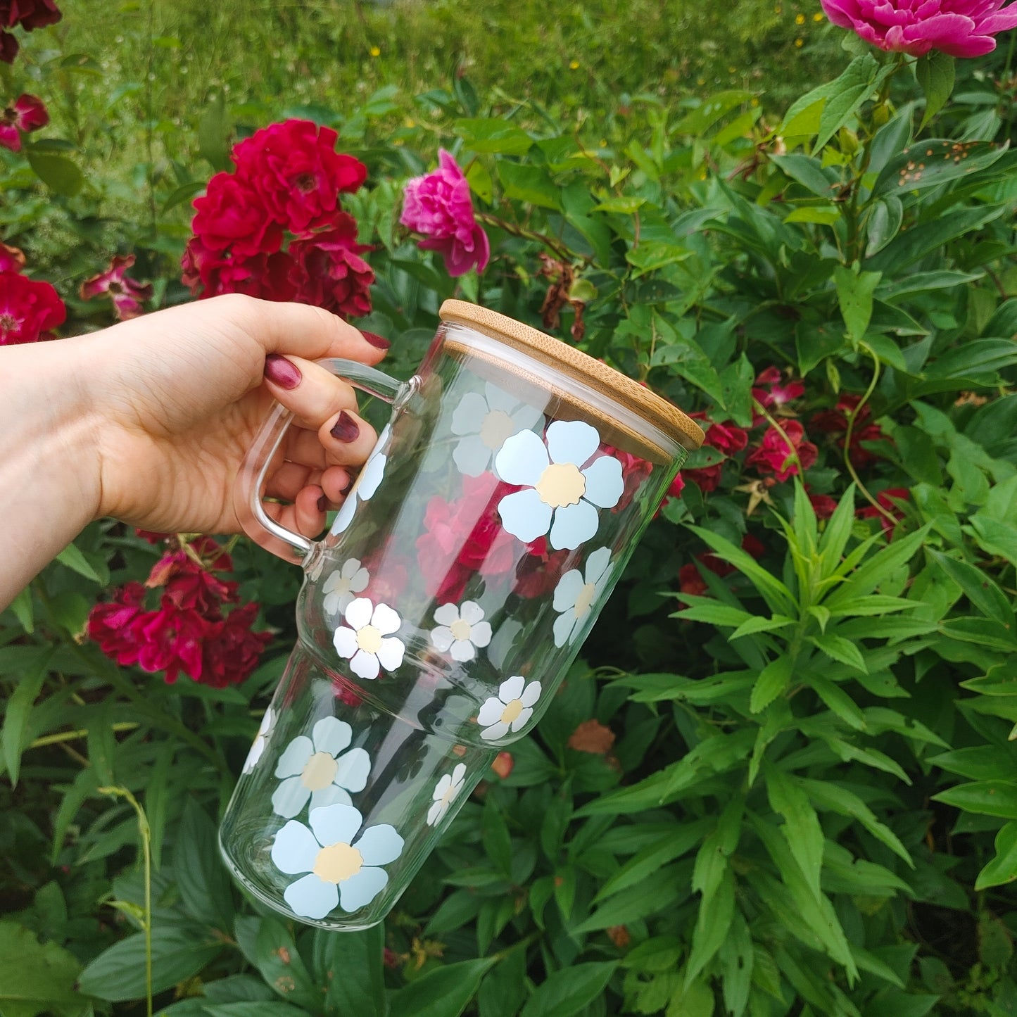 32 Oz Floral Blue Vinyl Tumbler with Bamboo Lid and Straw