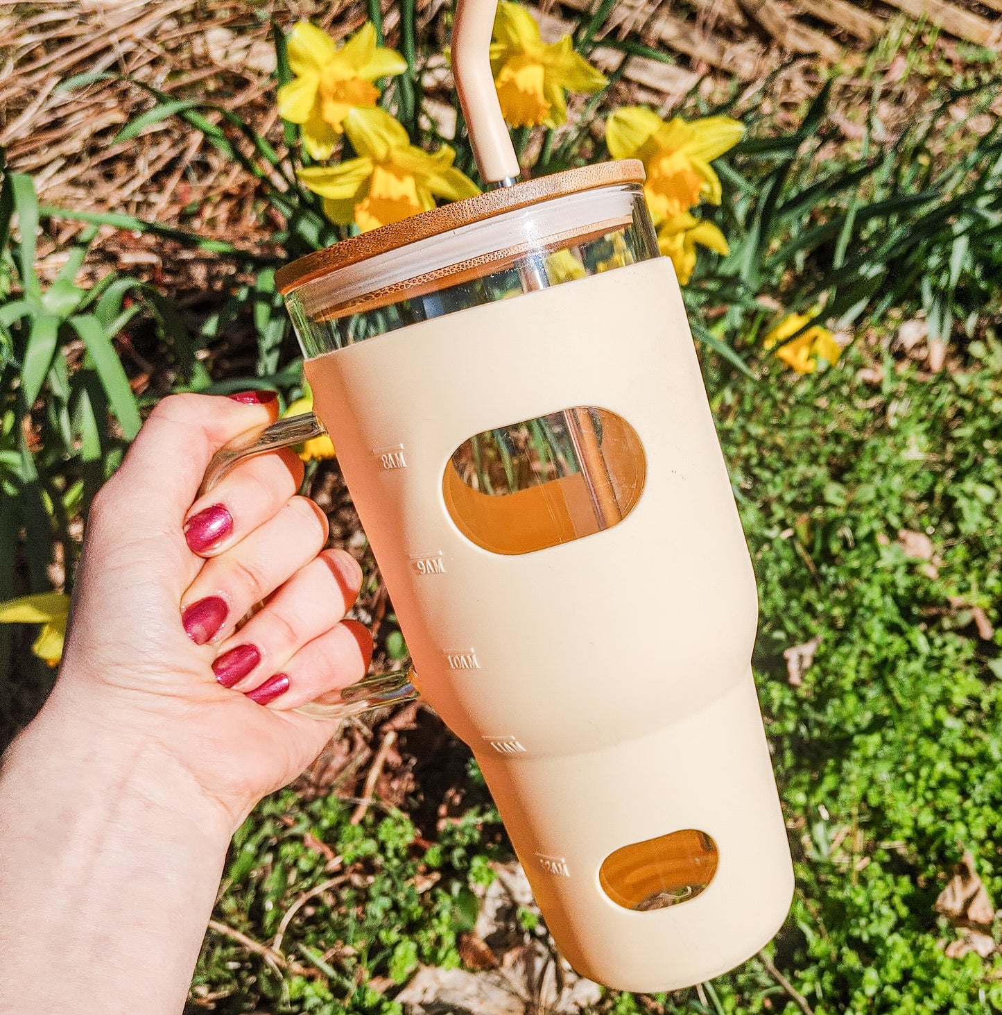 32 Oz Light Peach Bamboo Lid Tumbler Metal Straw