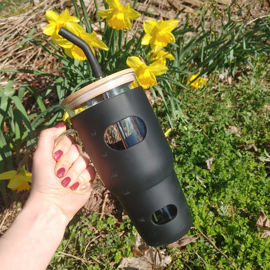 32 Oz Black Bamboo Lid Tumbler Metal Straw