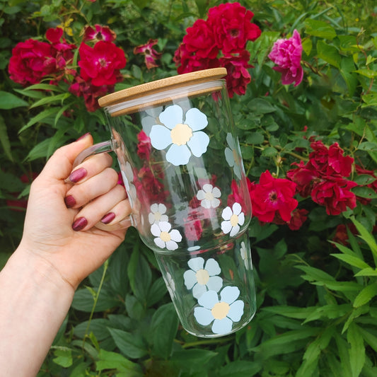 32 Oz Floral Blue Vinyl Tumbler with Bamboo Lid and Straw