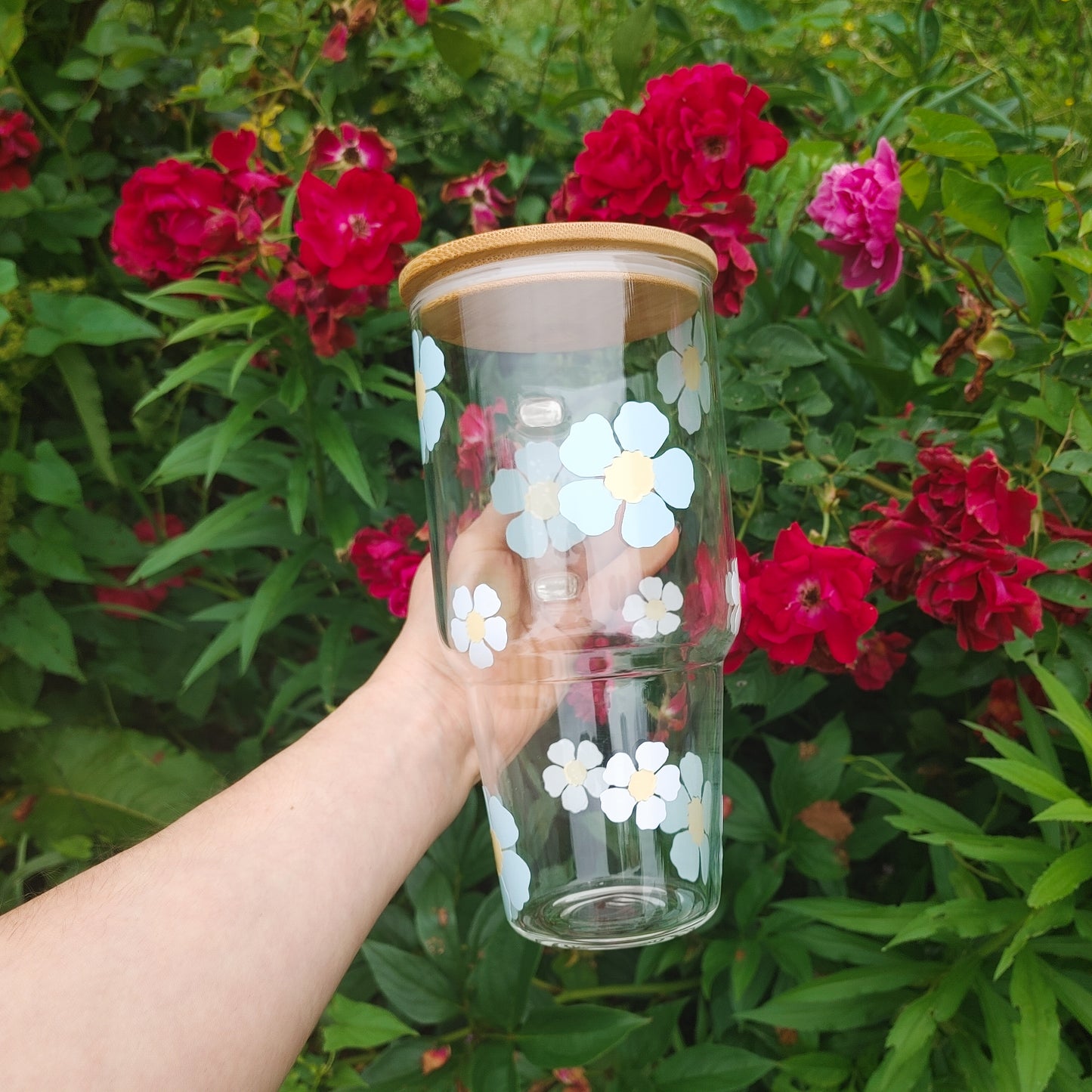 32 Oz Floral Blue Vinyl Tumbler with Bamboo Lid and Straw