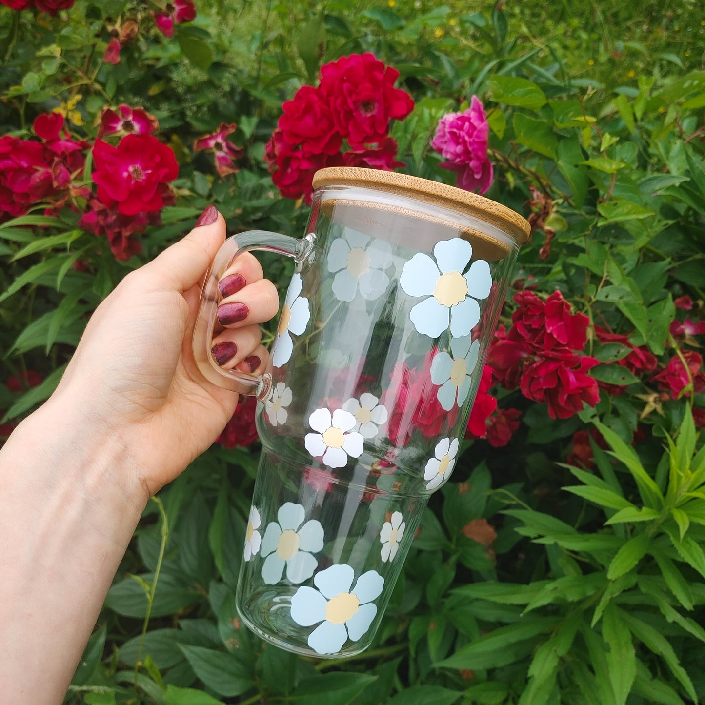 32 Oz Floral Blue Vinyl Tumbler with Bamboo Lid and Straw