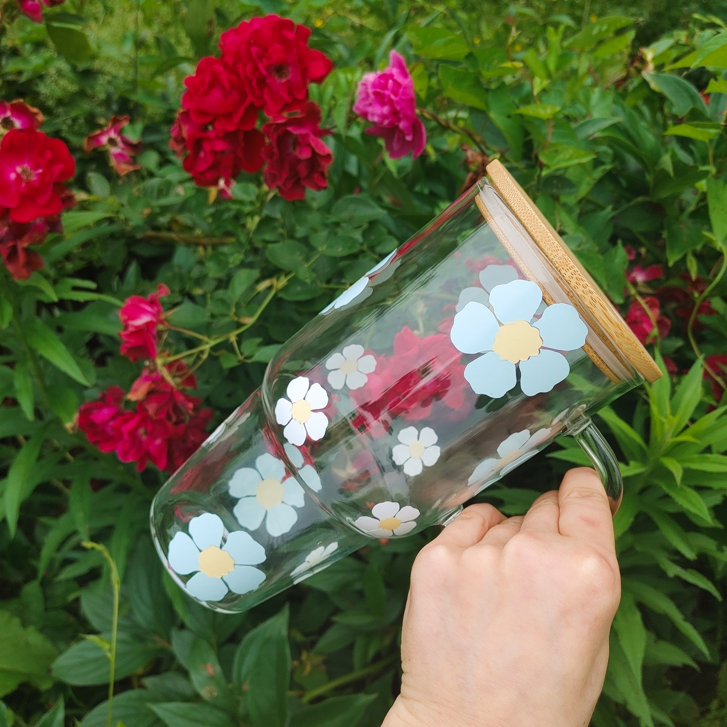 32 Oz Floral Blue Vinyl Tumbler with Bamboo Lid and Straw