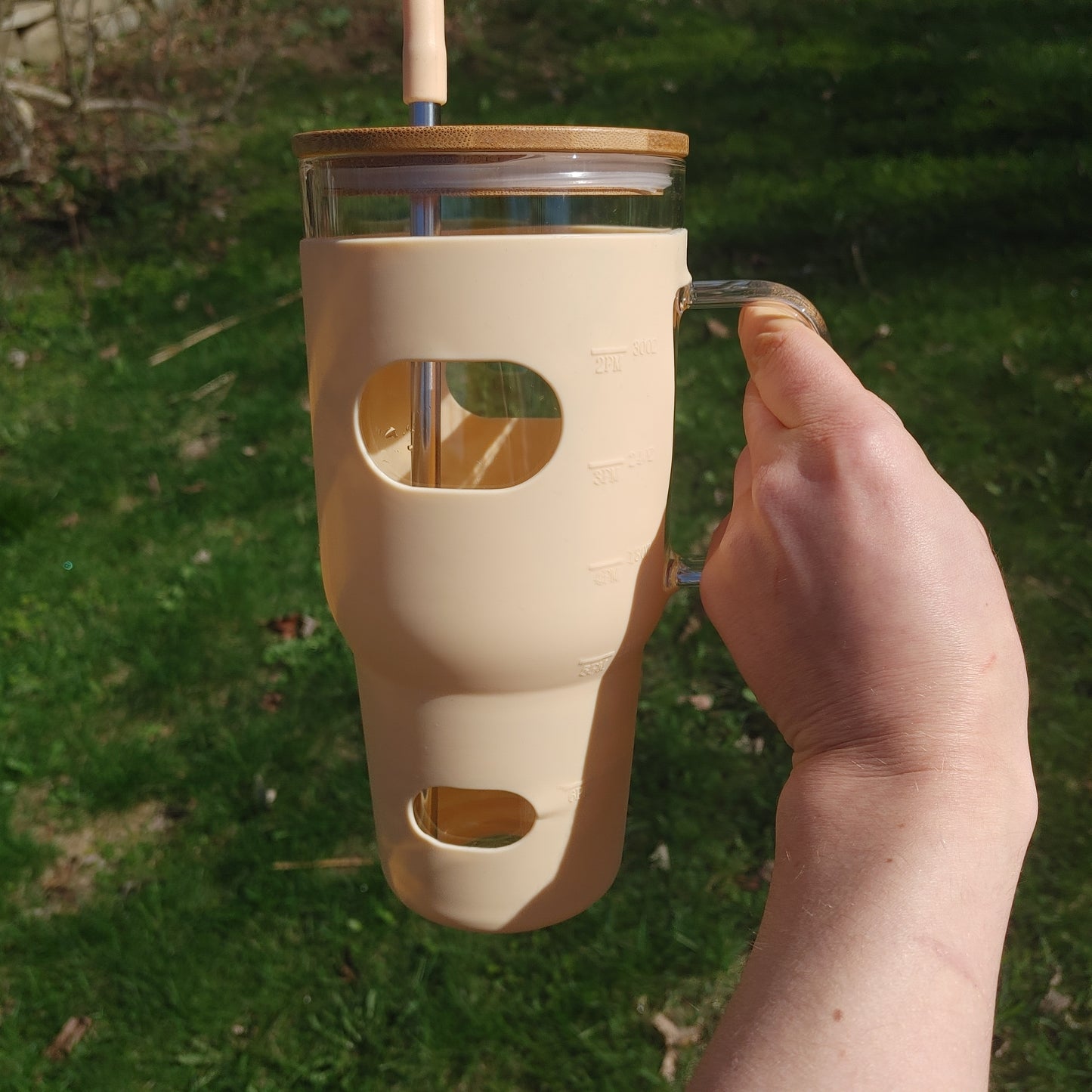 32 Oz Light Peach Bamboo Lid Tumbler Metal Straw