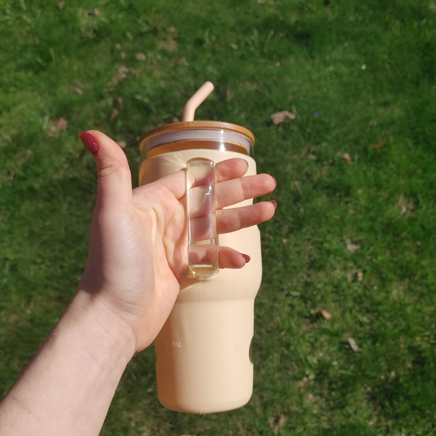32 Oz Light Peach Bamboo Lid Tumbler Metal Straw