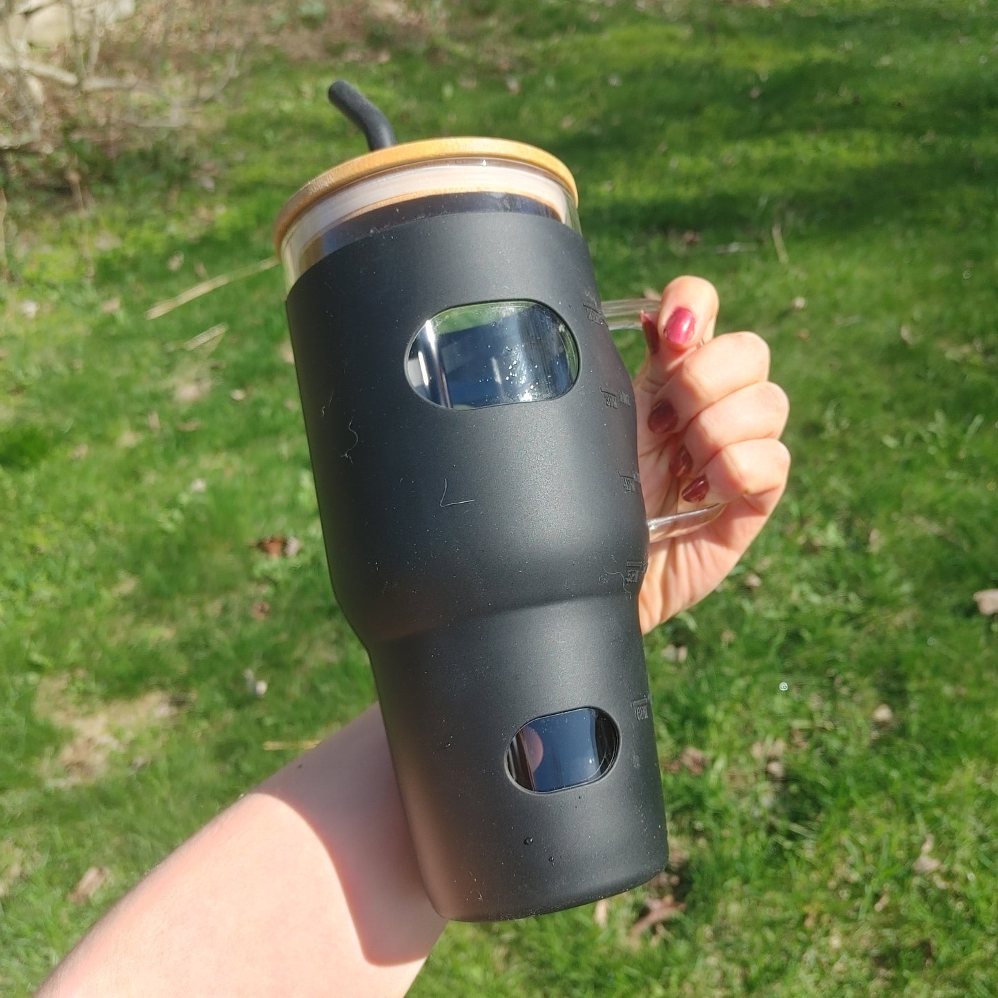 32 Oz Black Bamboo Lid Tumbler Metal Straw